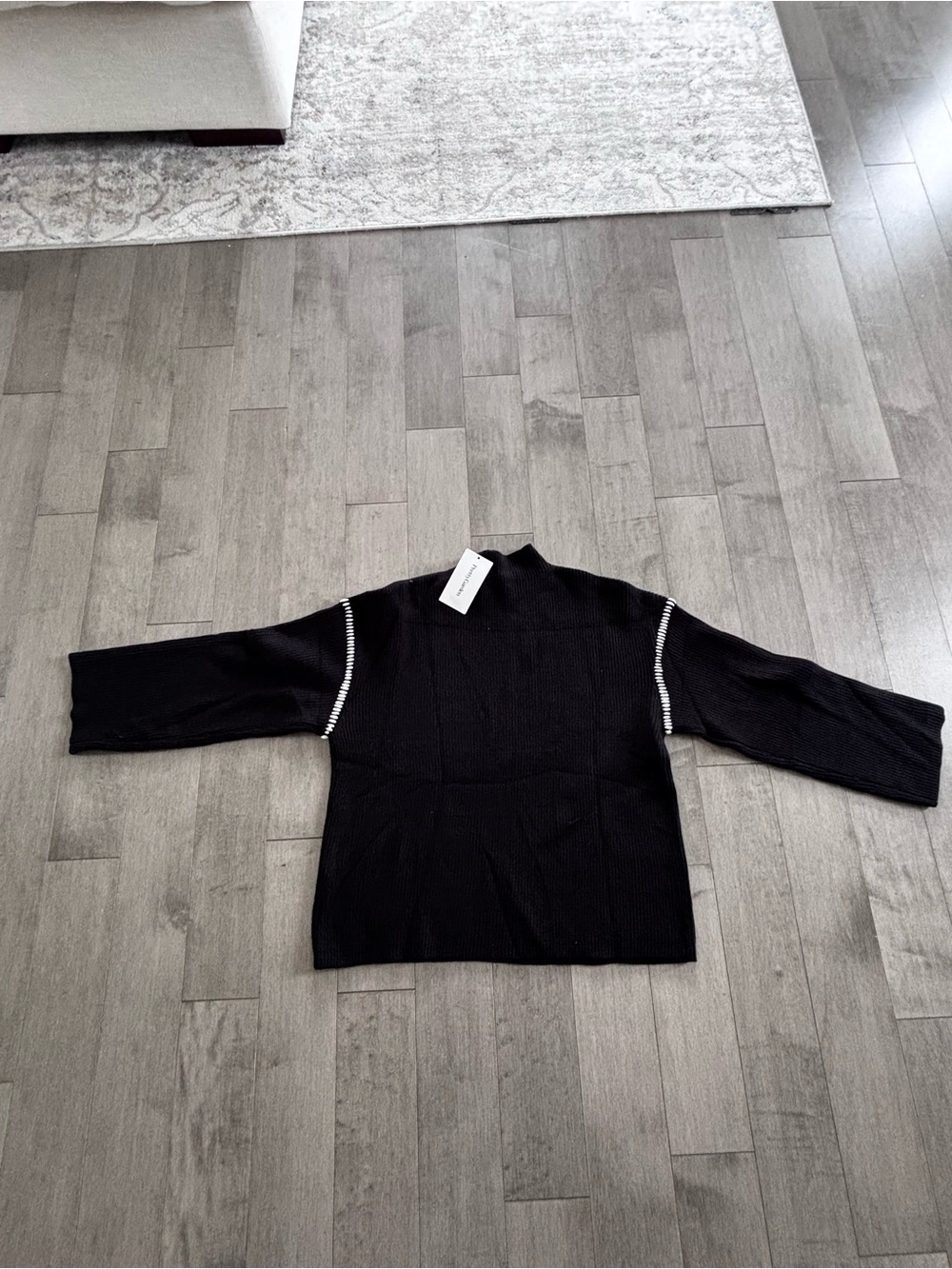 Black Crewneck Sweater with Contrast Stitch Trim - Picture 2 of 7